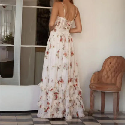 Women's Garden Party Floral Spaghetti Strap Maxi Dress in White