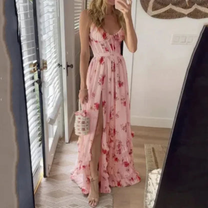 Women's Garden Party Floral Spaghetti Strap Maxi Dress in White