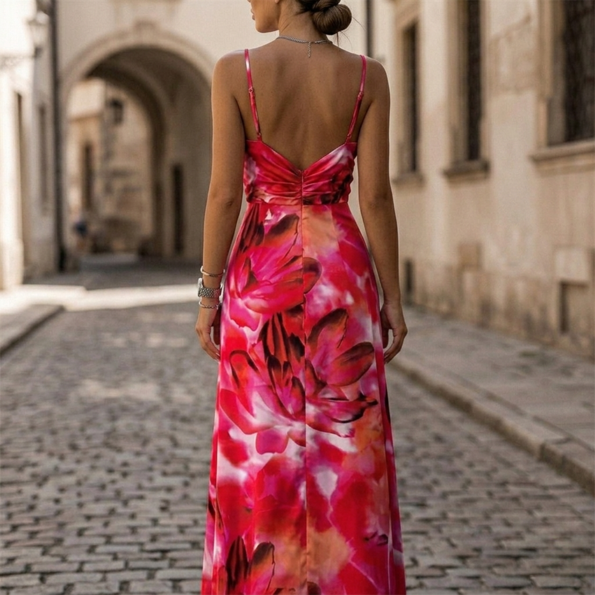 Women's Garden Party Floral V Neck Satin Slit Maxi Dress in Green