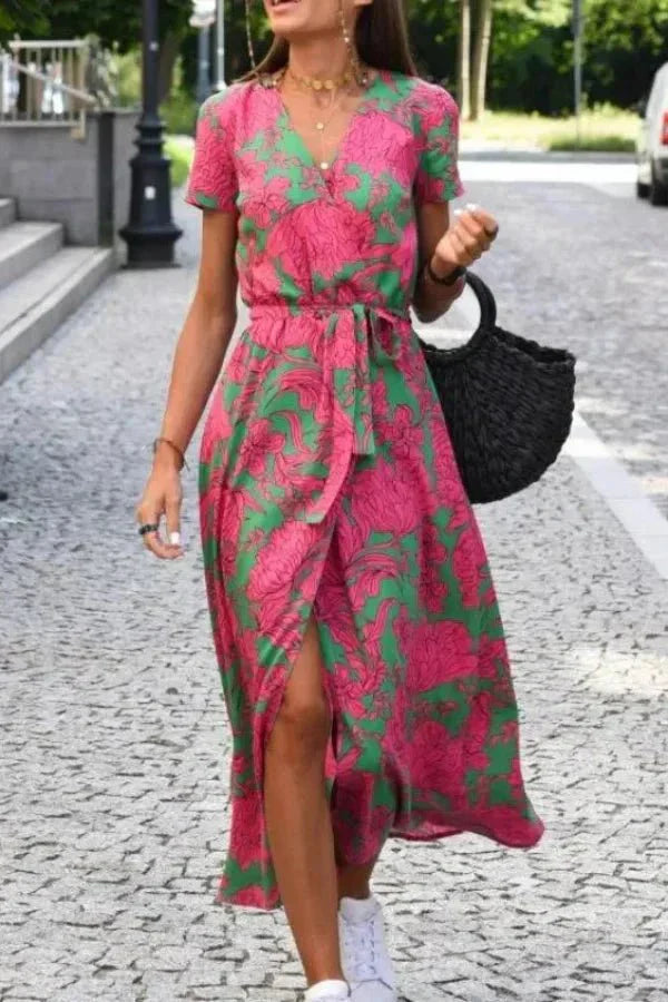 Women's Holiday Floral V Neck Wrap Short Sleeve Midi Dress in Pink