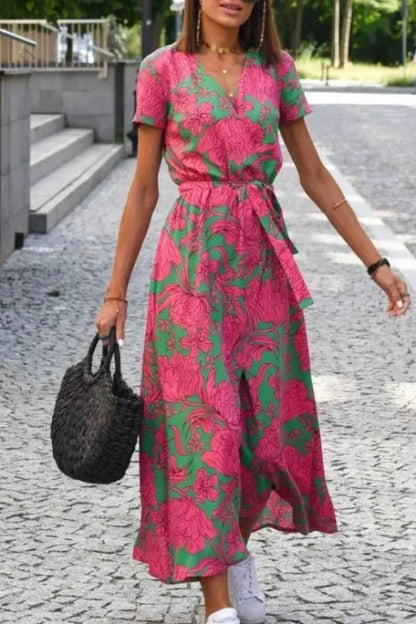 Women's Holiday Floral V Neck Wrap Short Sleeve Midi Dress in Purple