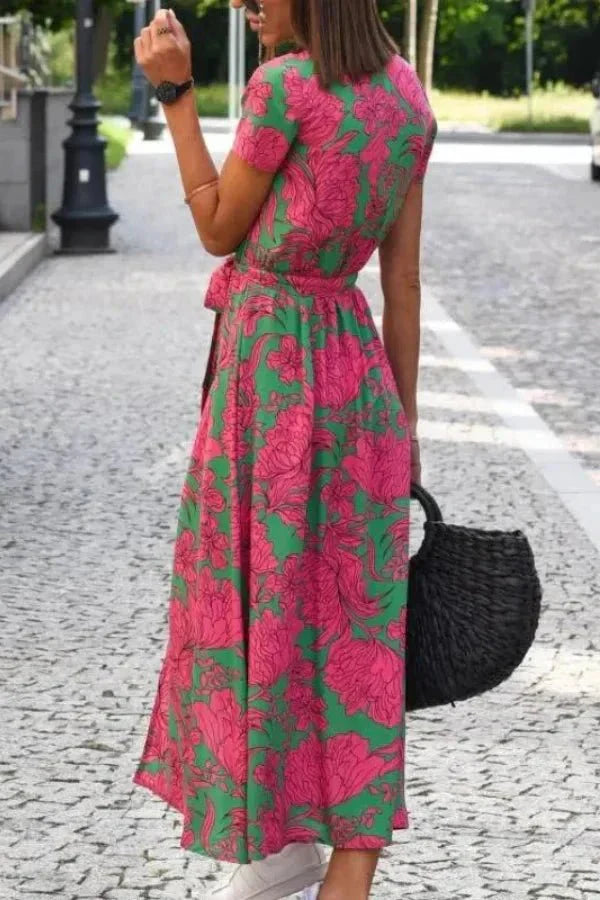 Women's Holiday Floral V Neck Wrap Short Sleeve Midi Dress in Purple