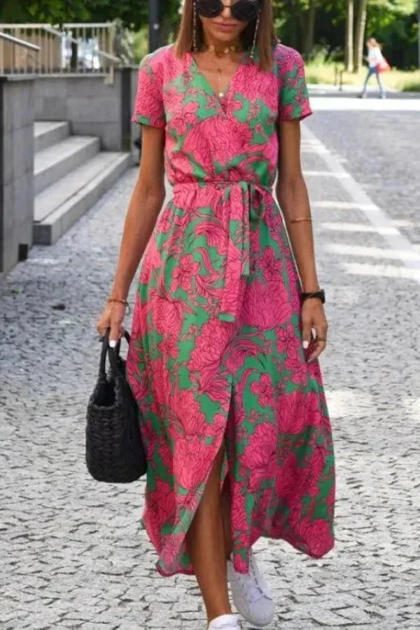 Women's Holiday Floral V Neck Wrap Short Sleeve Midi Dress in Purple