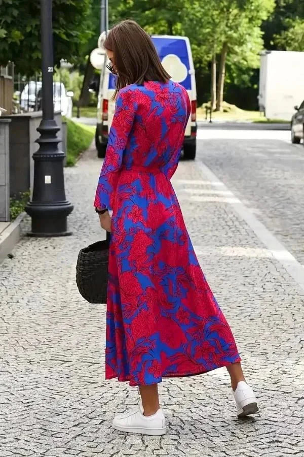 Women's Holiday Floral V Neck Wrap Short Sleeve Midi Dress in Aleia Red