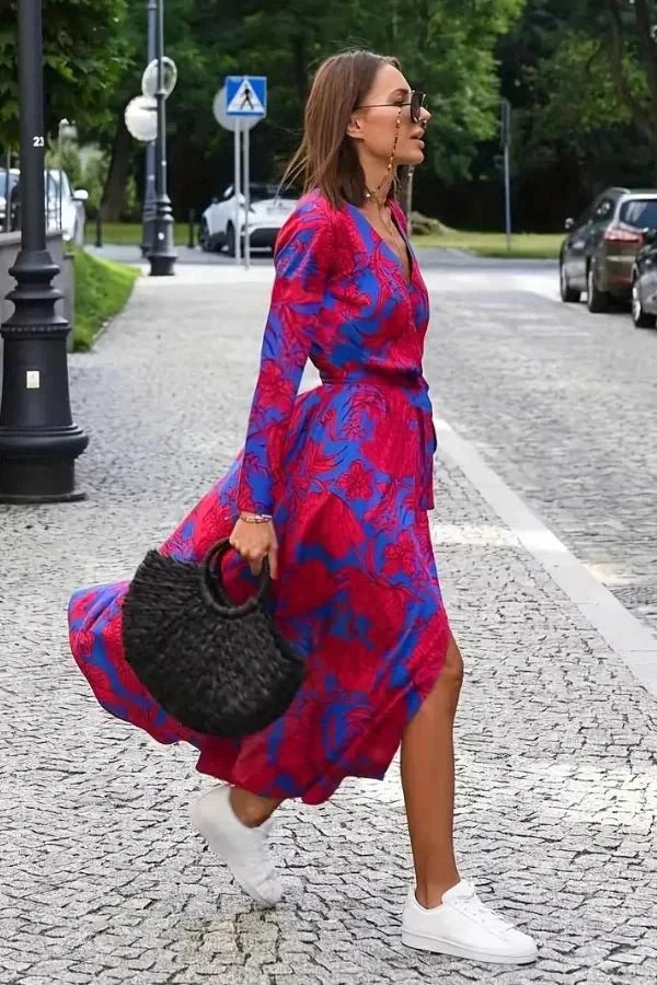 Women's Holiday Floral V Neck Wrap Short Sleeve Midi Dress in Aleia Red