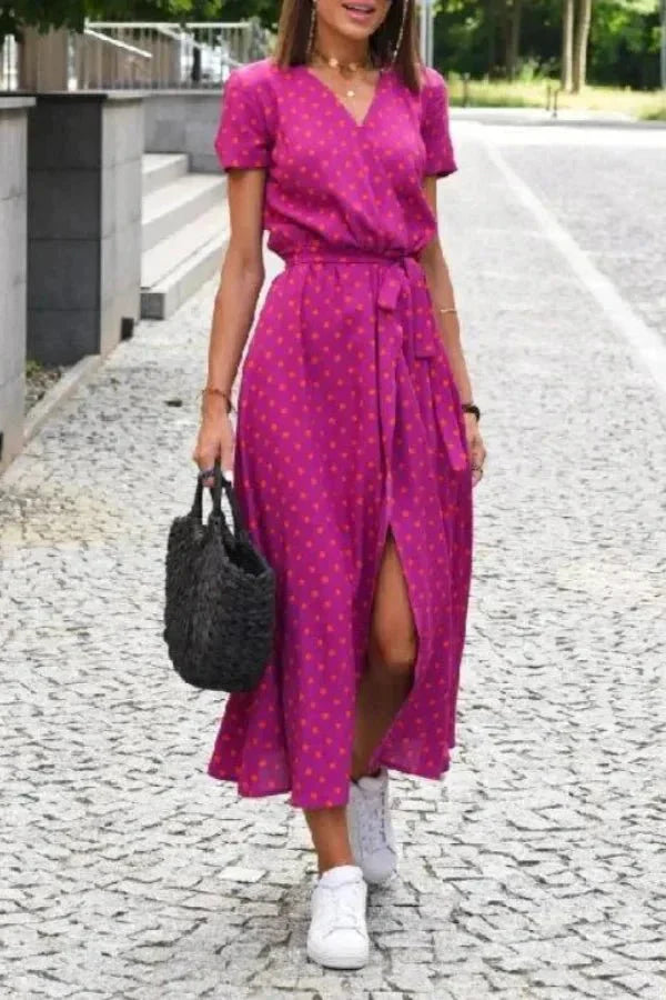 Women's Holiday Floral V Neck Wrap Short Sleeve Midi Dress in Aleia Red