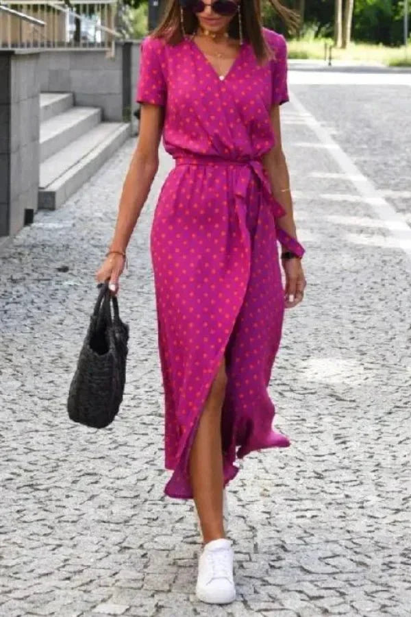 Women's Holiday Floral V Neck Wrap Short Sleeve Midi Dress in Pink