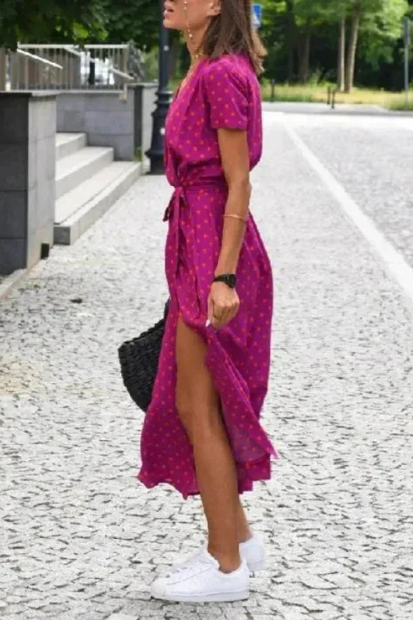 Women's Holiday Floral V Neck Wrap Short Sleeve Midi Dress in Pink