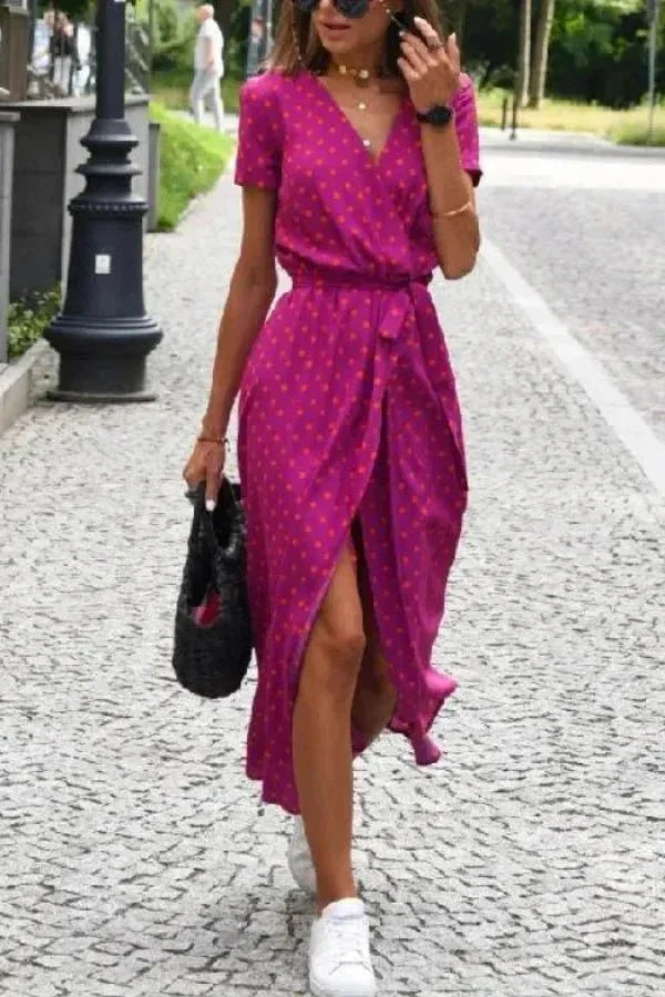 Women's Holiday Floral V Neck Wrap Short Sleeve Midi Dress in Pink