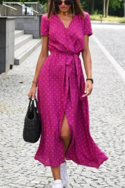 Women's Holiday Floral V Neck Wrap Short Sleeve Midi Dress in Pink