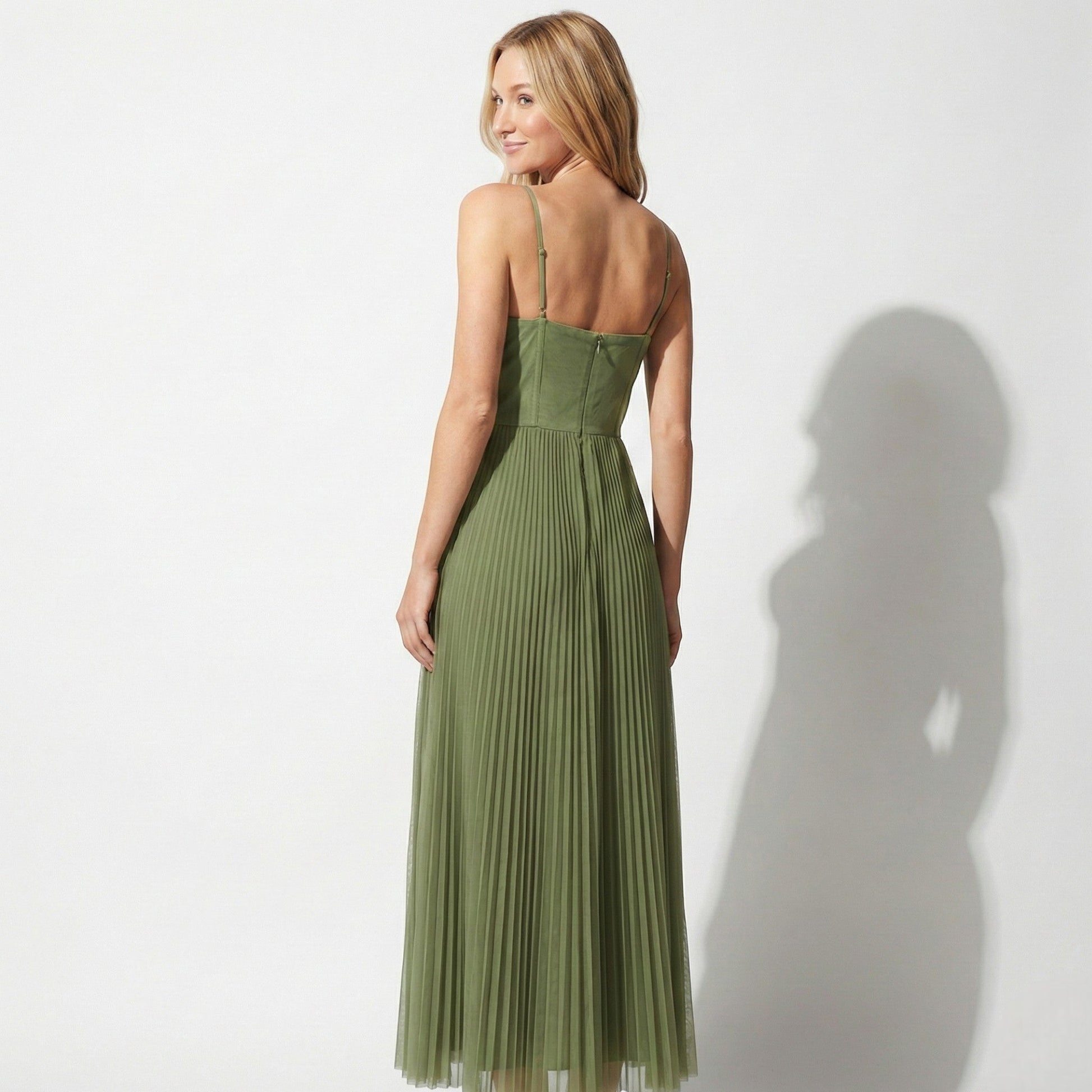 Women's Summer Corset Spaghetti Strap Pleated Midi Dress in Green