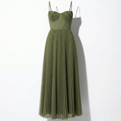 Women's Summer Corset Spaghetti Strap Pleated Midi Dress in Green