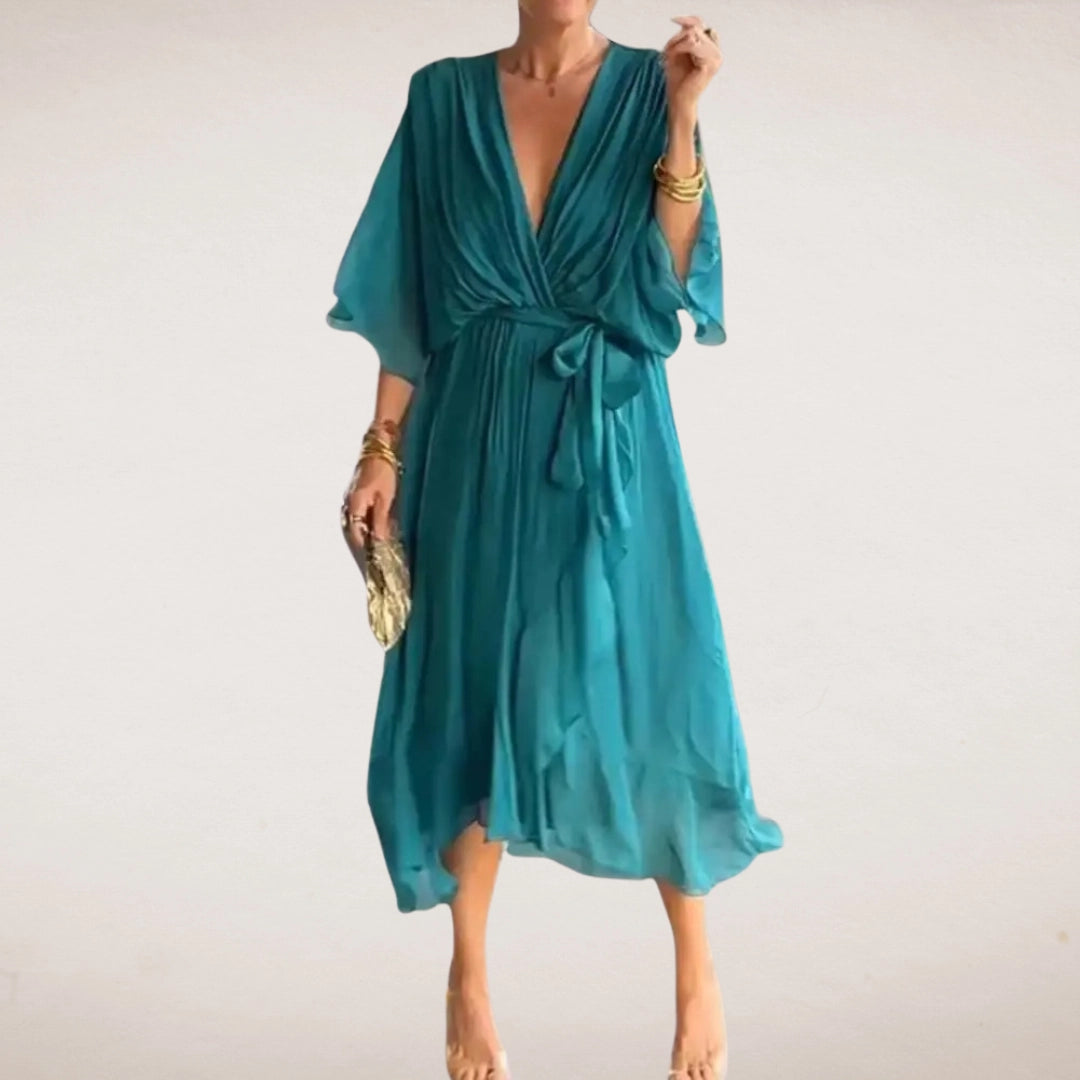 Women's Holiday V Neck Midi Wrap Dress in Green