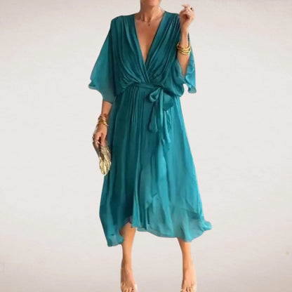 Women's Holiday V Neck Midi Wrap Dress in Green