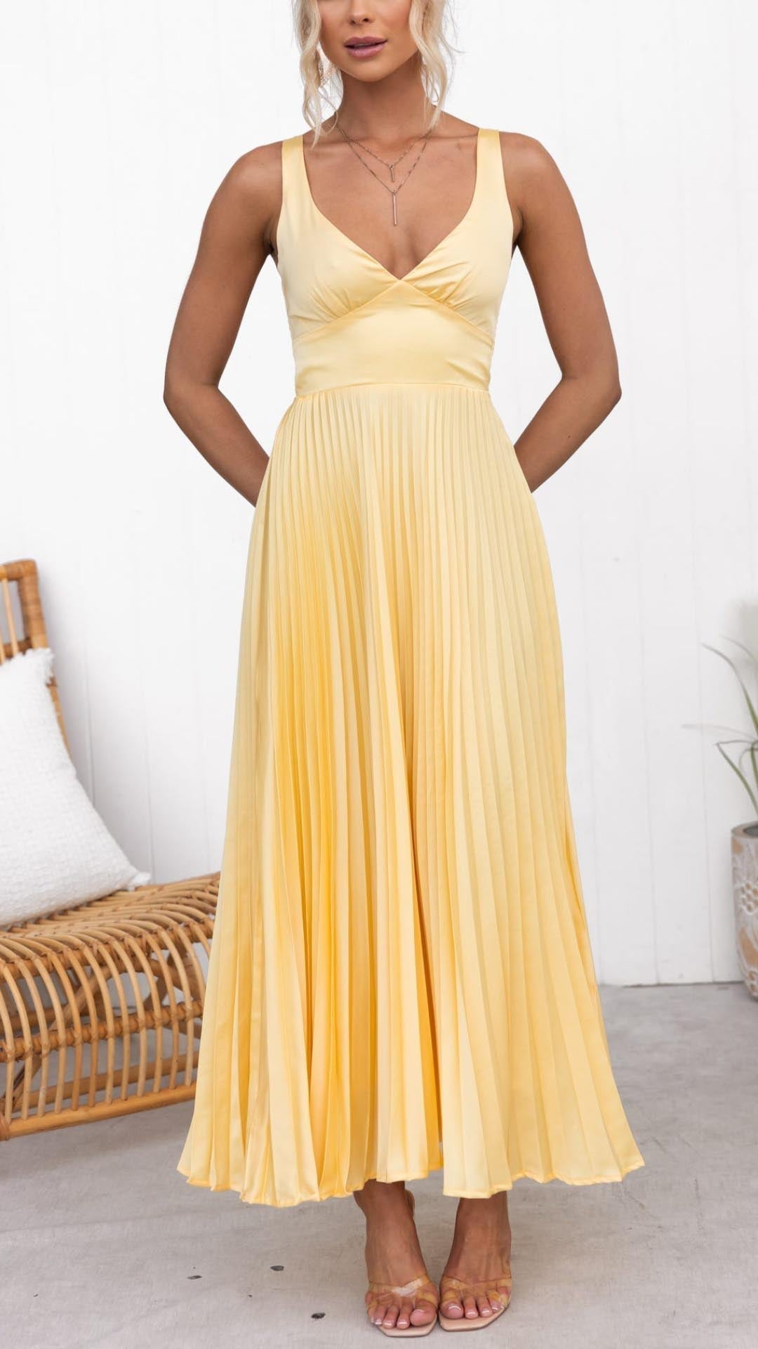 Women's Evening Sequin Cowl Neck Midi Dress in Yellow