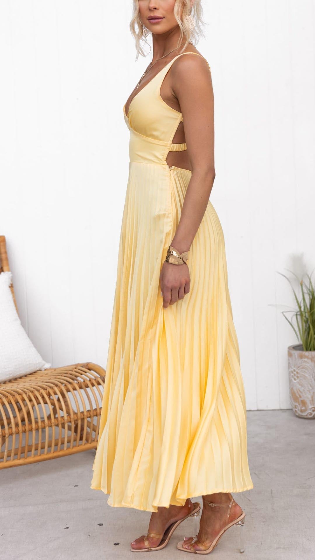 Women's Evening Sequin Cowl Neck Midi Dress in Yellow