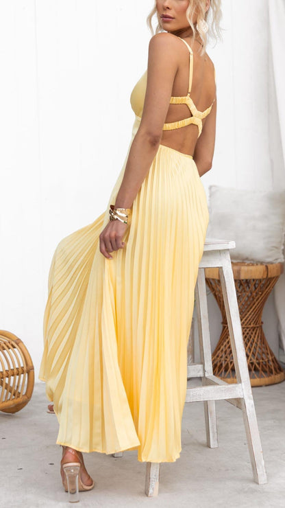 Women's Evening Sequin Cowl Neck Midi Dress in Yellow