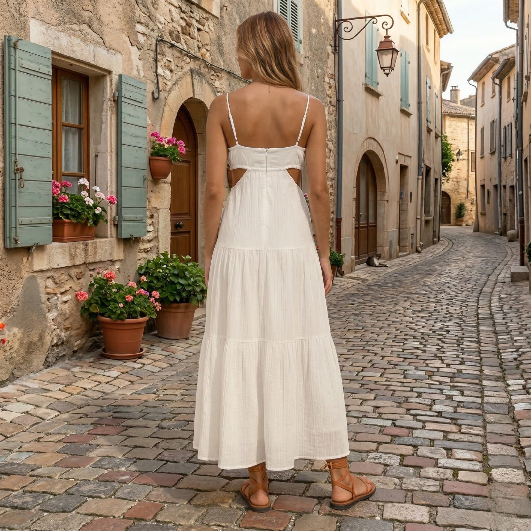 Women's Holiday Ruched Spaghetti Strap Tiered Maxi Dress in White