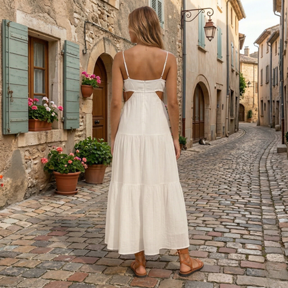 Women's Holiday Ruched Spaghetti Strap Tiered Maxi Dress in White